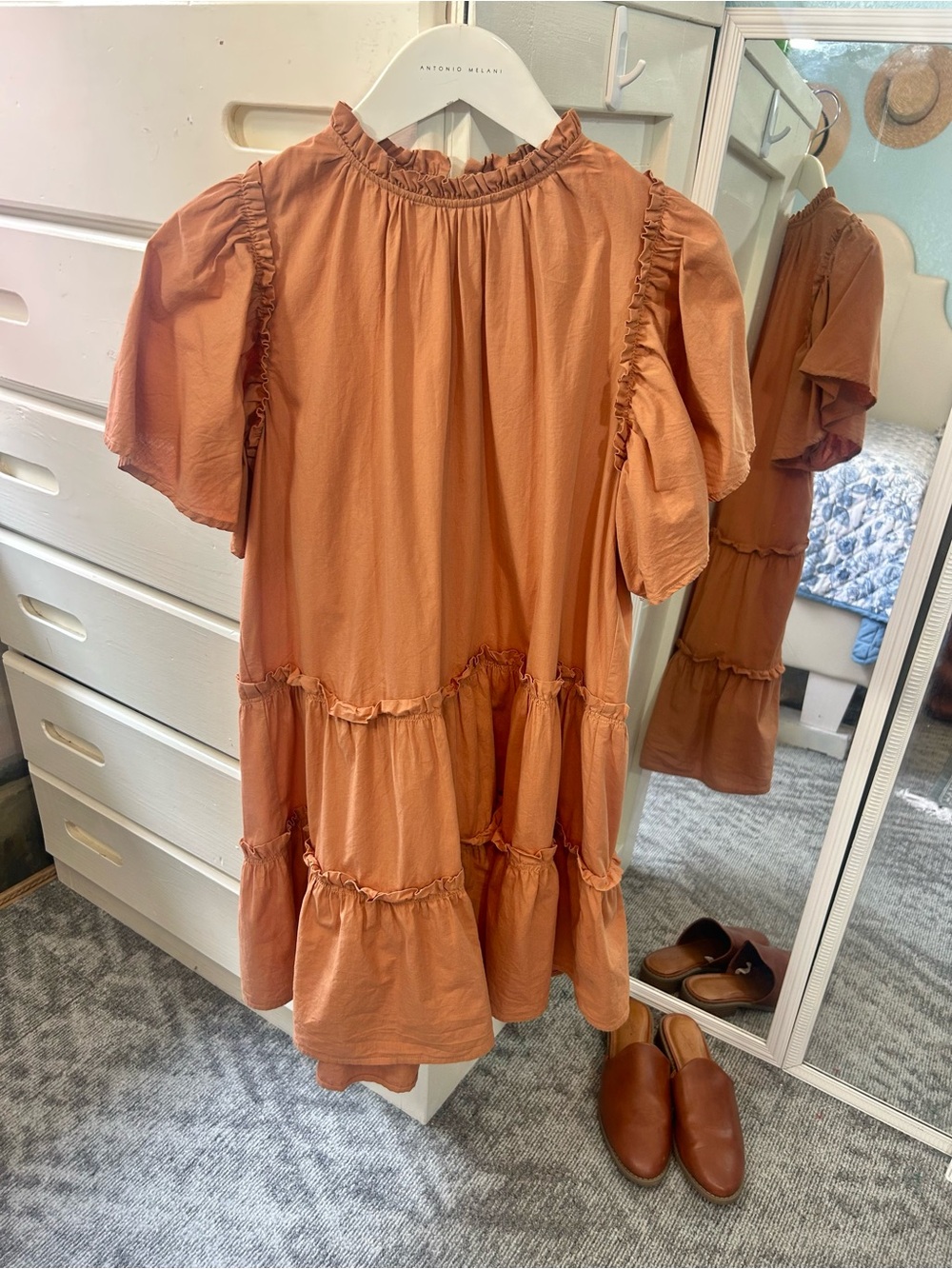 Darling Autumn Rust Tiered Ruffle Detail 100% Cotton Fluttered Sleeve Dress✨